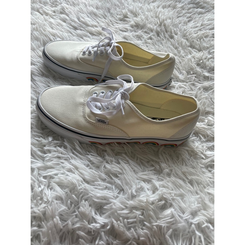 Vans Authentic Marshmallow White Rainbow Tape Sidewall Print Canvas Sneakers - Picture 3 of 9
